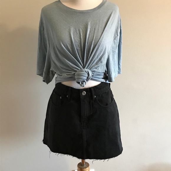 Trafaluc Rip Hem High Waisted Black Denim Skirt - Picture 3 of 8